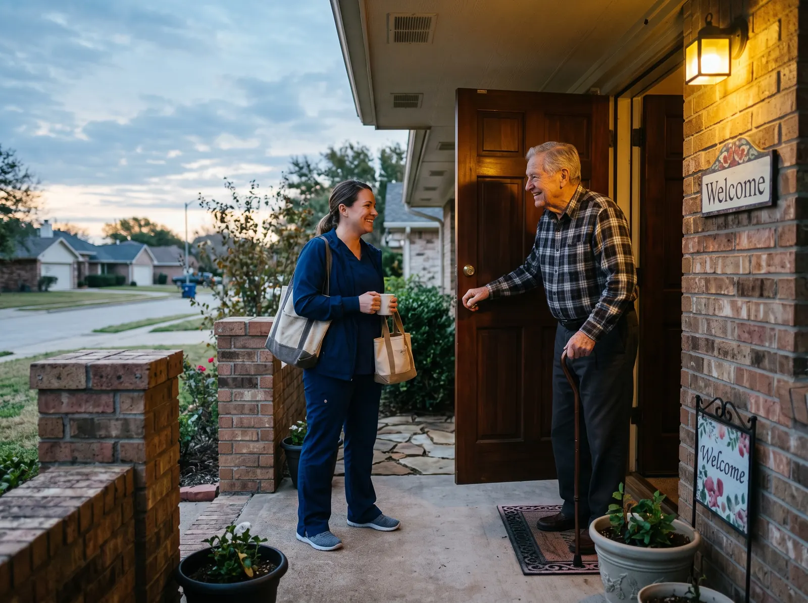 Illustration: a caregiver welcomed at a client's front door at dawn