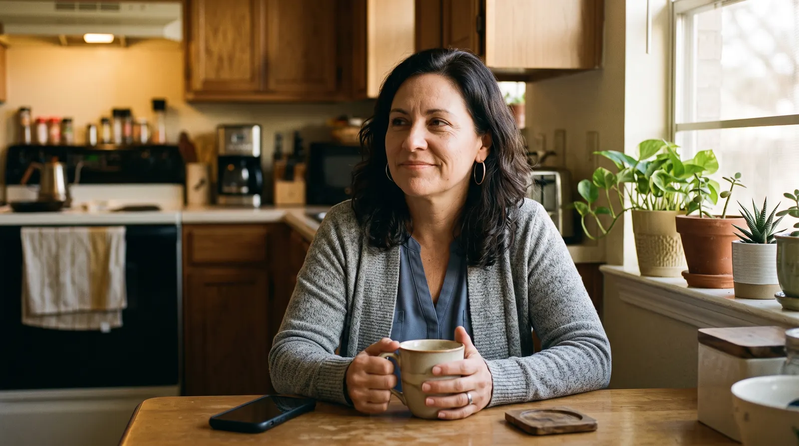 Illustration: a home care agency owner with coffee at sunrise, phone face down, rested