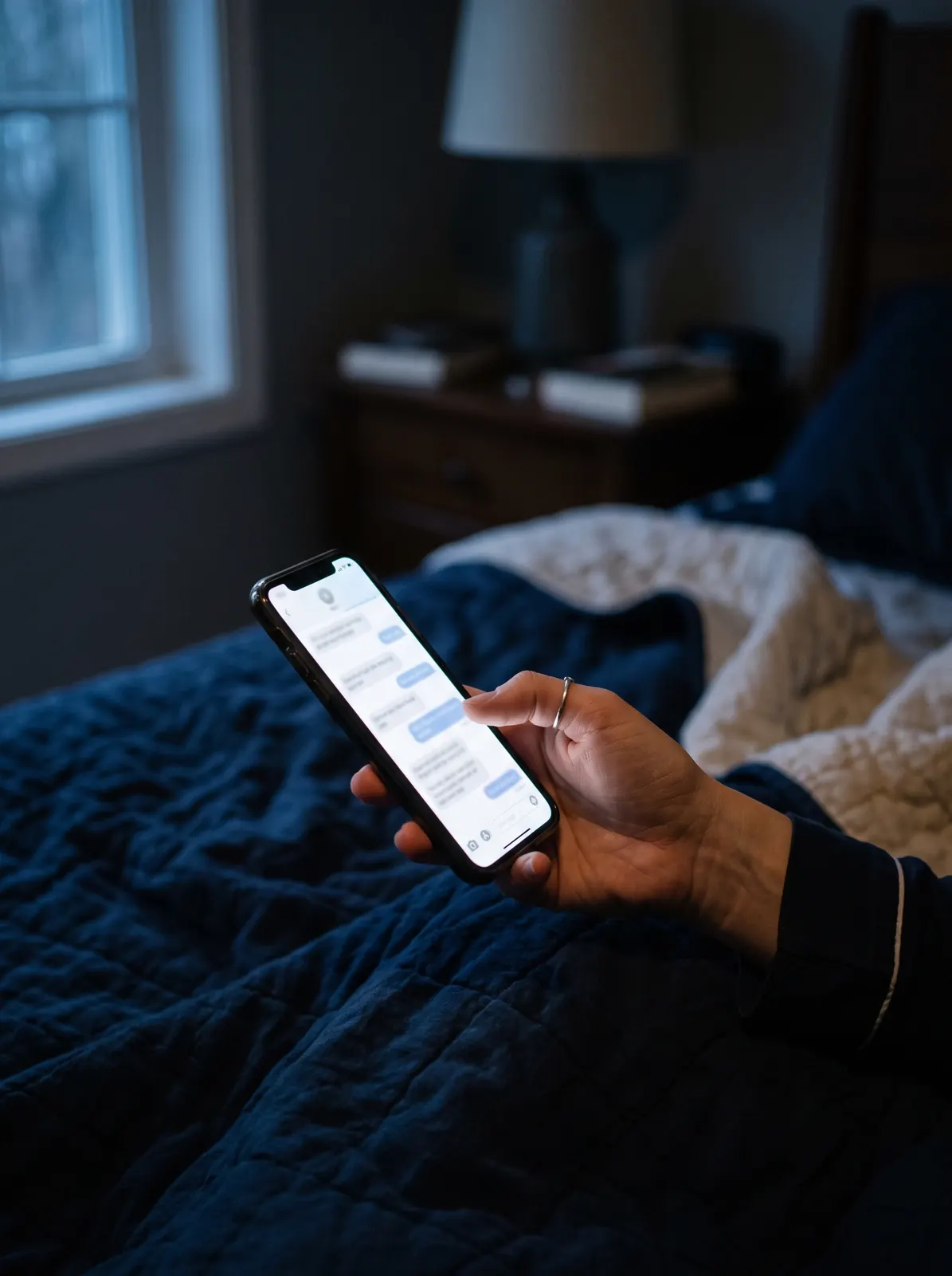 Illustration: a hand holding a glowing phone in a dark bedroom