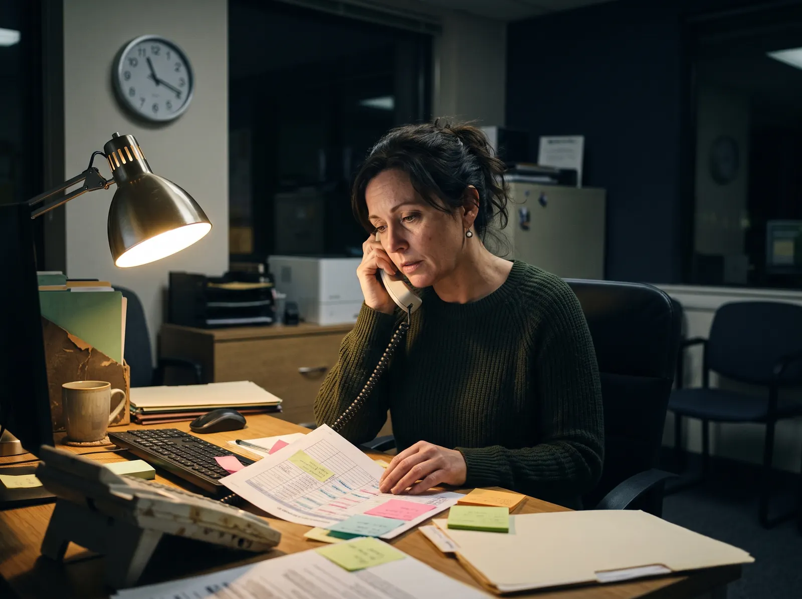 Illustration: a tired scheduler at a desk late at night, holding a phone